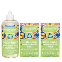 Refillable Non-Toxic Dish Soap Sweet Basil Scent Starter Kit (Bottle + 2 Refills)